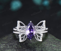 Marquise cut purple sapphire engagement ring 14k white gold unique butterfly bridal wedding ring set vintage jewelry women