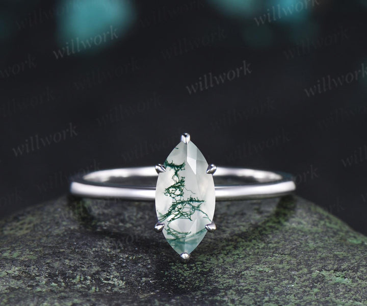 Marquise cut moss agate engagement ring 14k white gold unique butterfly cluster bridal wedding ring set vintage jewelry women