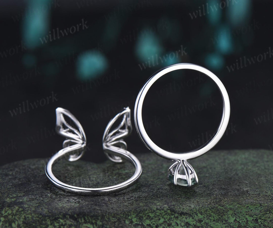 Marquise cut moss agate engagement ring 14k white gold unique butterfly cluster bridal wedding ring set vintage jewelry women