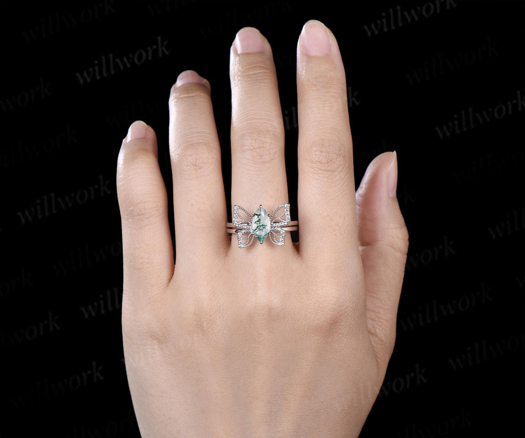 Marquise cut moss agate engagement ring 14k white gold unique butterfly cluster bridal wedding ring set vintage jewelry women
