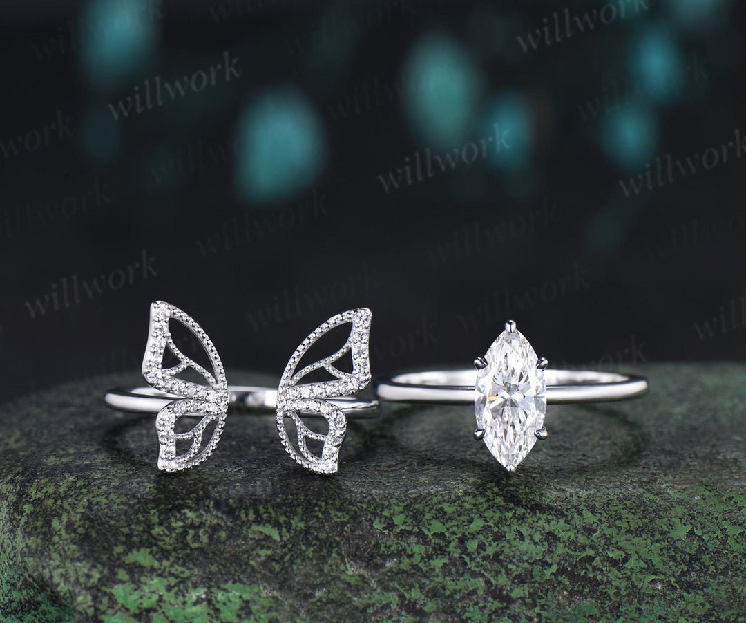 1ct marquise cut lab grown diamond butterfly engagement ring 14k white gold unique cluster promise bridal wedding ring set  jewelry women