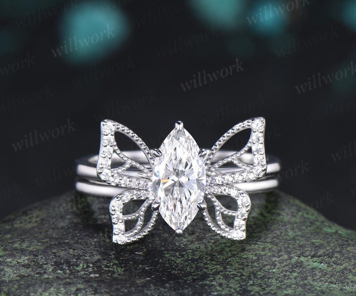 1ct marquise cut lab grown diamond butterfly engagement ring 14k white gold unique cluster promise bridal wedding ring set  jewelry women
