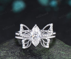 1ct marquise cut lab grown diamond butterfly engagement ring 14k white gold unique cluster promise bridal wedding ring set  jewelry women