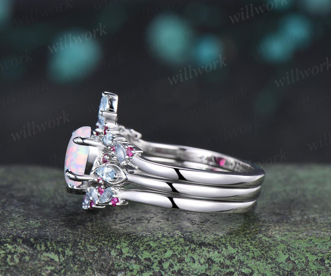 Heart opal engagement ring 14k white gold leaf claw prong cluster aquamarine ruby wedding anniversary ring set jewelry gift