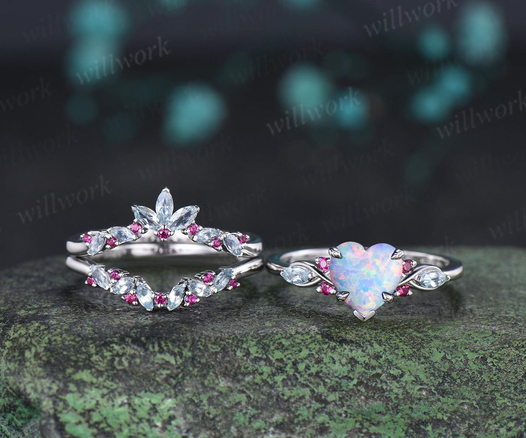 Heart opal engagement ring 14k white gold leaf claw prong cluster aquamarine ruby wedding anniversary ring set jewelry gift