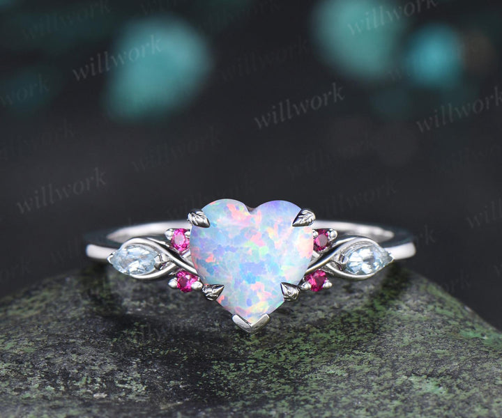 Heart opal engagement ring 14k white gold leaf claw prong cluster aquamarine ruby wedding anniversary ring set jewelry gift