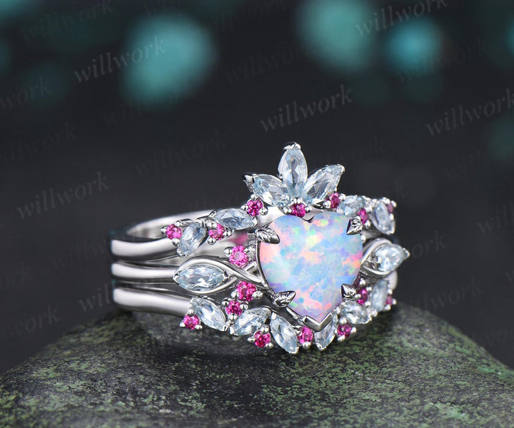 Heart opal engagement ring 14k white gold leaf claw prong cluster aquamarine ruby wedding anniversary ring set jewelry gift