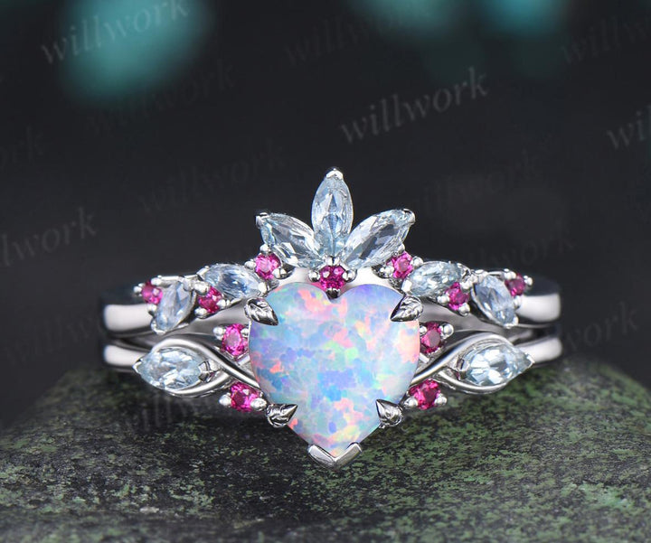 Heart opal engagement ring 14k white gold leaf claw prong cluster aquamarine ruby wedding anniversary ring set jewelry gift