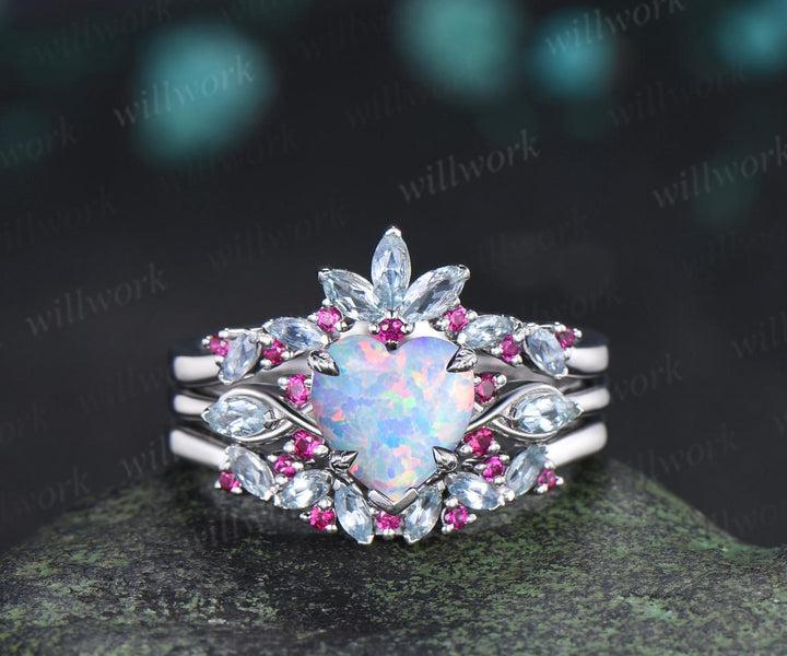 Heart opal engagement ring 14k white gold leaf claw prong cluster aquamarine ruby wedding anniversary ring set jewelry gift