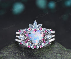 Heart opal engagement ring 14k white gold leaf claw prong cluster aquamarine ruby wedding anniversary ring set jewelry gift