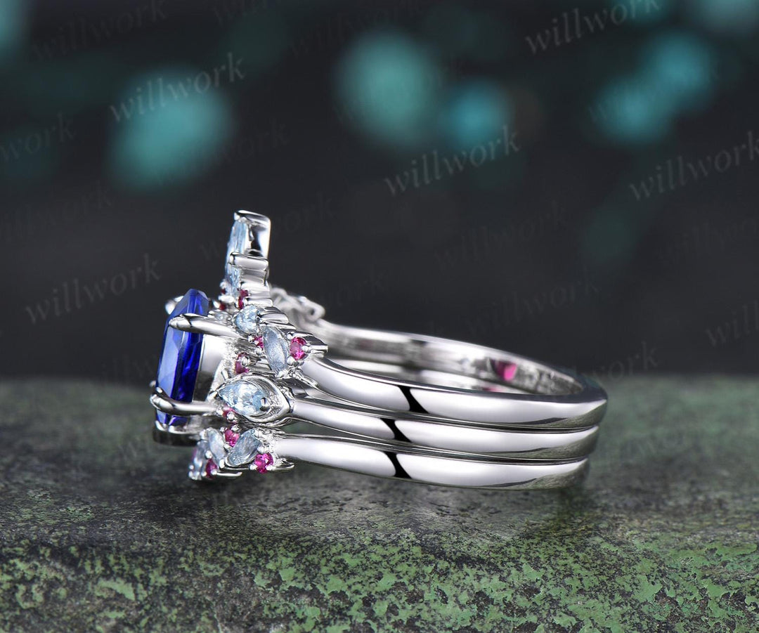 2ct heart cut blue sapphire engagement ring 14k white gold leaf claw prong cluster aquamarine ruby wedding promise ring set jewelry gift