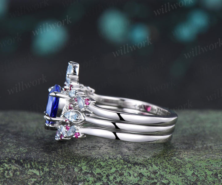 2ct heart cut blue sapphire engagement ring 14k white gold leaf claw prong cluster aquamarine ruby wedding promise ring set jewelry gift