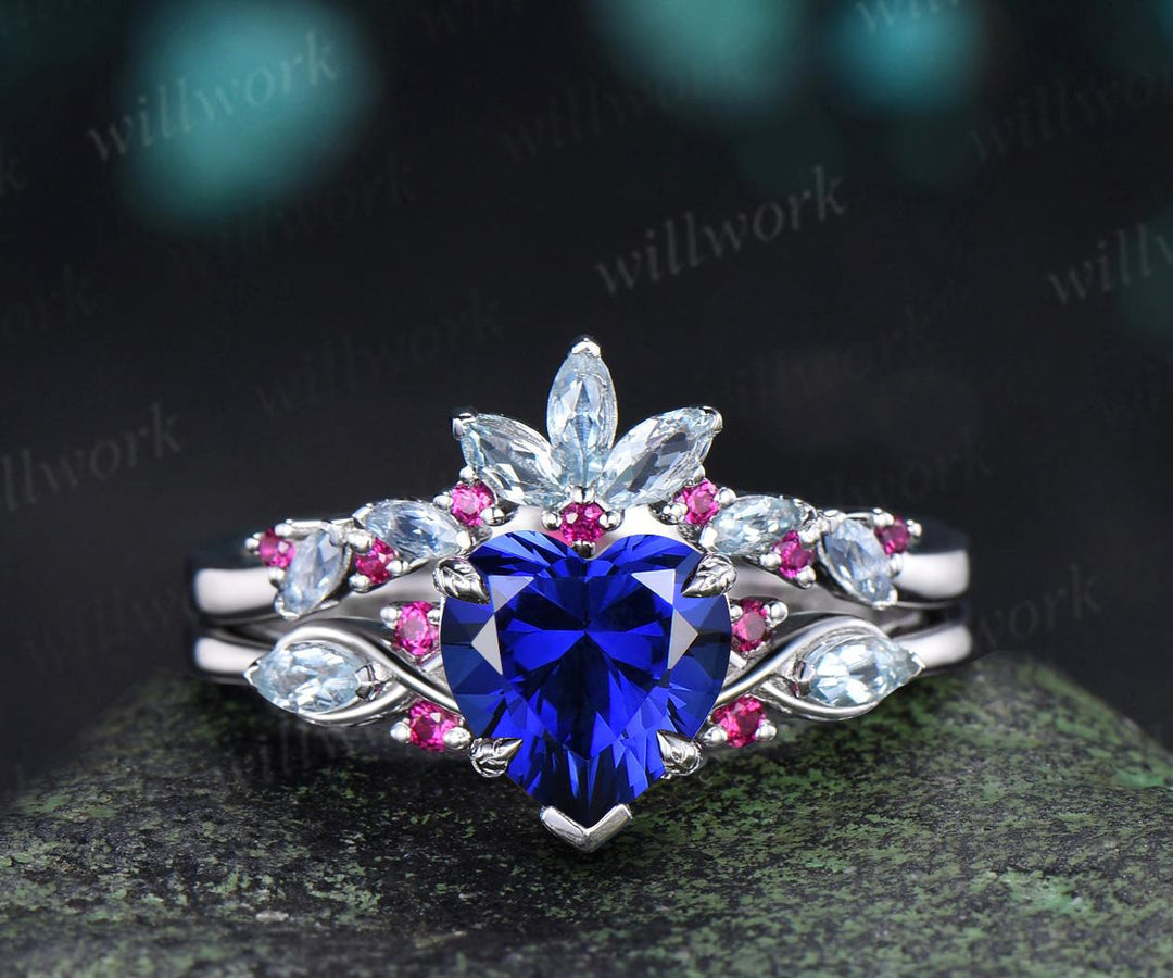 2ct heart cut blue sapphire engagement ring 14k white gold leaf claw prong cluster aquamarine ruby wedding promise ring set jewelry gift