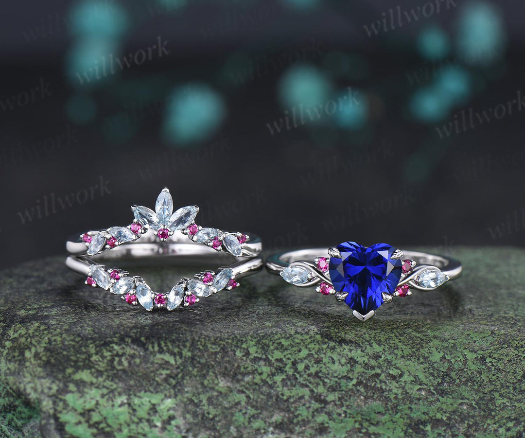 2ct heart cut blue sapphire engagement ring 14k white gold leaf claw prong cluster aquamarine ruby wedding promise ring set jewelry gift