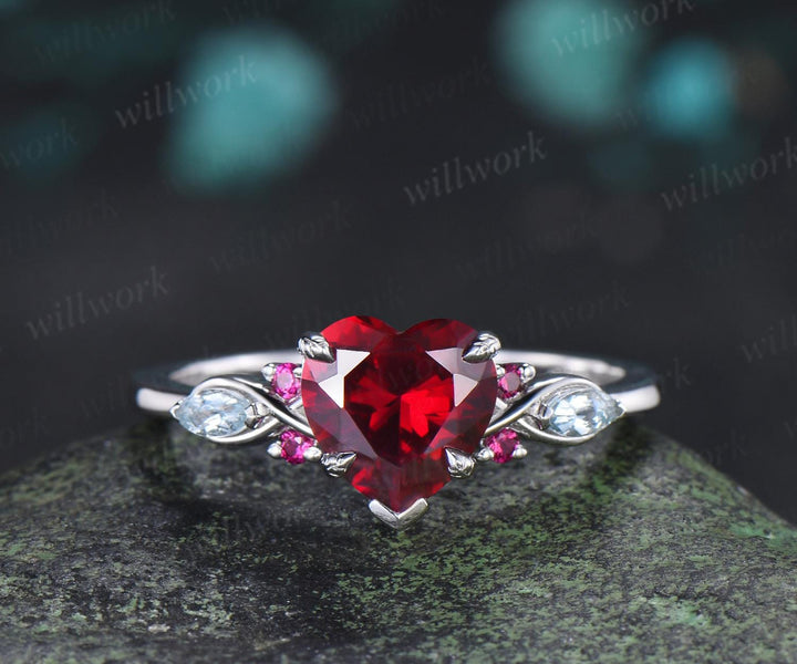 2ct heart shaped red ruby engagement ring 14k white gold leaf claw prong cluster aquamarine wedding promise ring set jewelry gift