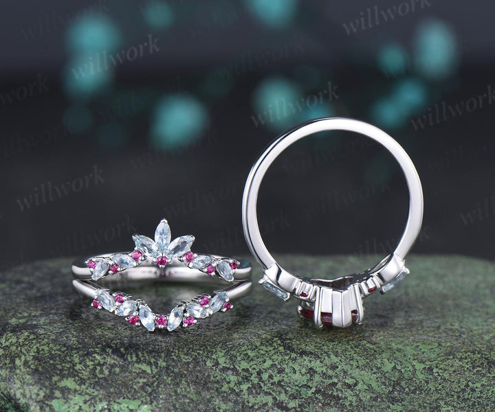 2ct heart shaped red ruby engagement ring 14k white gold leaf claw prong cluster aquamarine wedding promise ring set jewelry gift