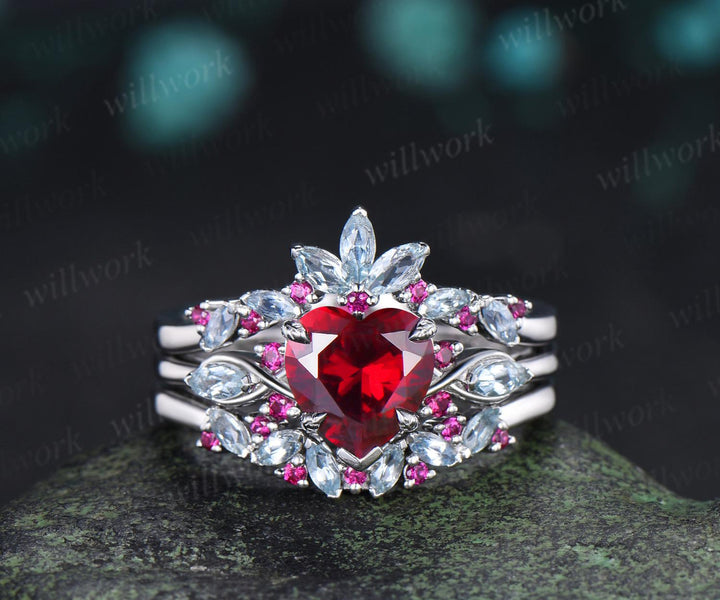2ct heart shaped red ruby engagement ring 14k white gold leaf claw prong cluster aquamarine wedding promise ring set jewelry gift