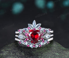 2ct heart shaped red ruby engagement ring 14k white gold leaf claw prong cluster aquamarine wedding promise ring set jewelry gift
