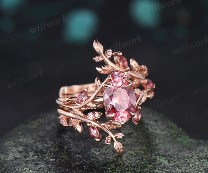 Oval Padparadscha pink sapphire engagement ring set 14k rose gold leaf pink tourmaline wedding band enhancer women promise bridal ring set gift