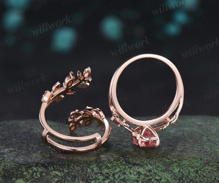 Oval Padparadscha pink sapphire engagement ring set 14k rose gold leaf pink tourmaline wedding band enhancer women promise bridal ring set gift