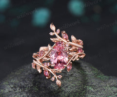Oval Padparadscha pink sapphire engagement ring set 14k rose gold leaf pink tourmaline wedding band enhancer women promise bridal ring set gift