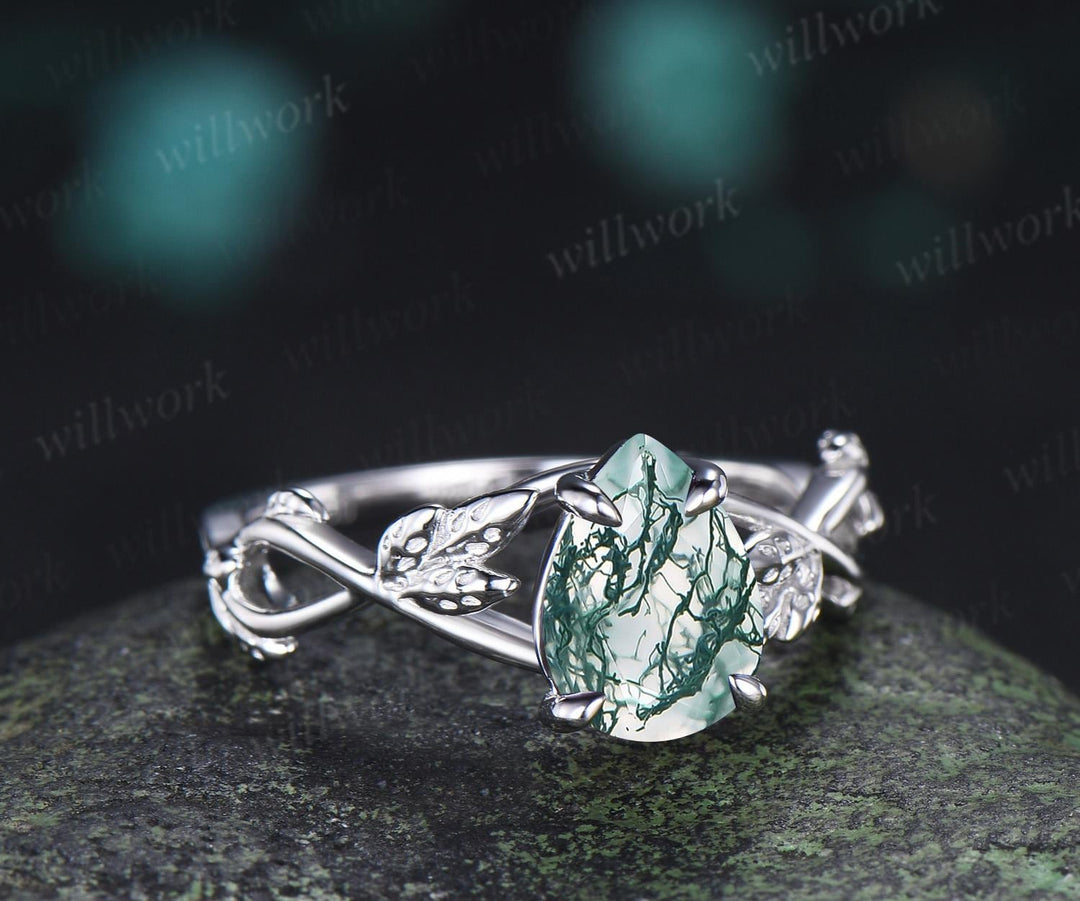 Pear shaped green moss agate engagement ring vintage 14k white gold leaf infinity solitaire wedding ring women silver