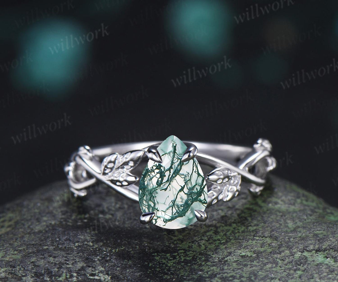 Pear shaped green moss agate engagement ring vintage 14k white gold leaf infinity solitaire wedding ring women silver