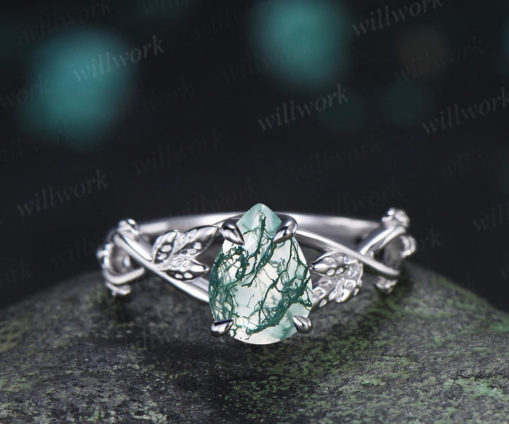 Pear shaped green moss agate engagement ring vintage 14k white gold leaf infinity solitaire wedding ring women silver