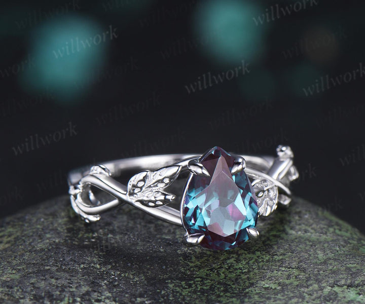 Pear shaped alexandrite engagement ring vintage 14k white gold leaf infinity solitaire promise wedding ring women silver