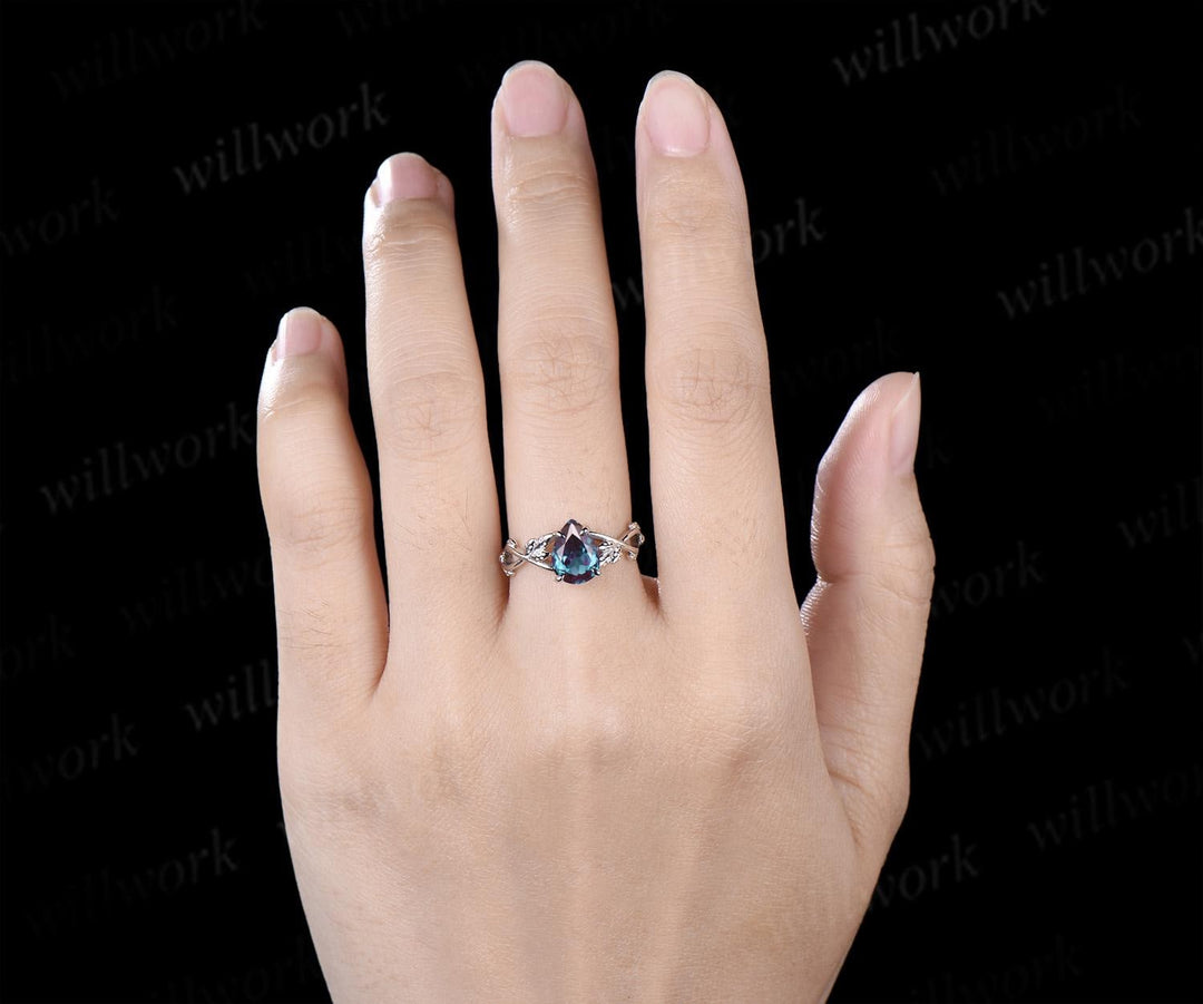 Pear shaped alexandrite engagement ring vintage 14k white gold leaf infinity solitaire promise wedding ring women silver