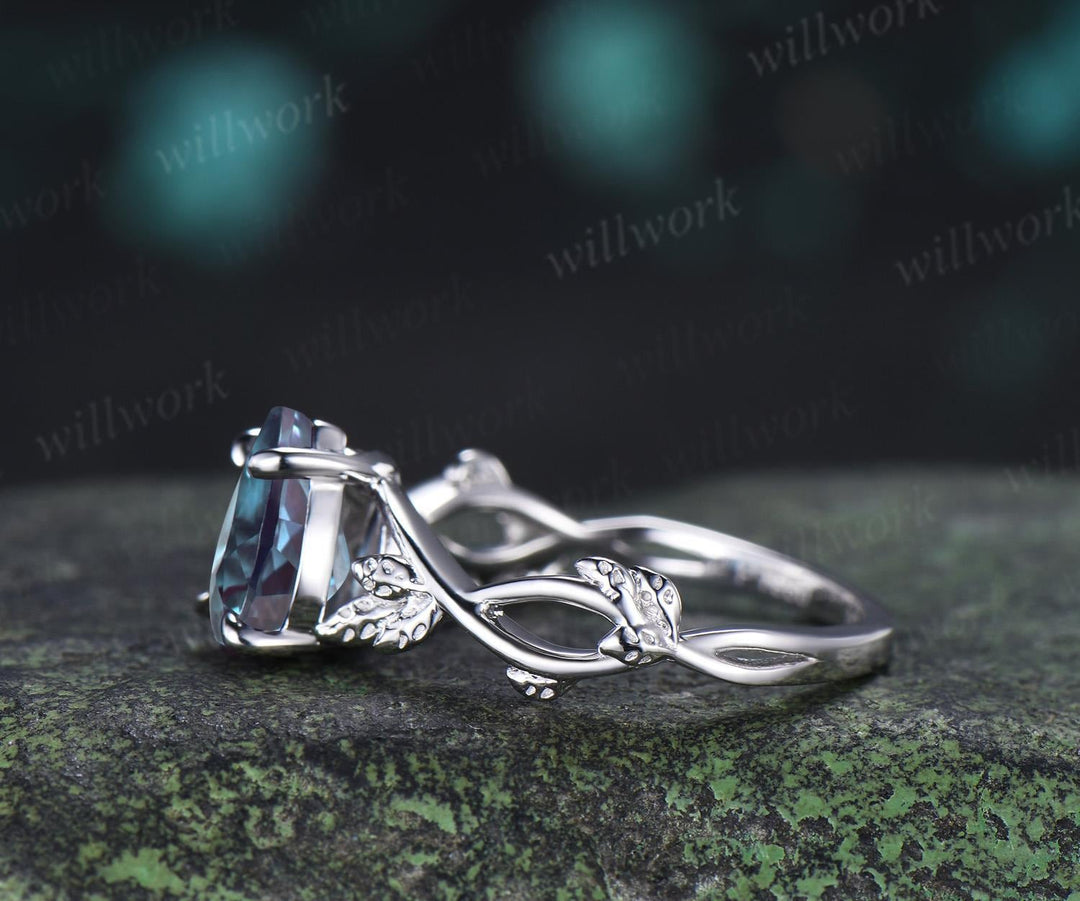 Pear shaped alexandrite engagement ring vintage 14k white gold leaf infinity solitaire promise wedding ring women silver