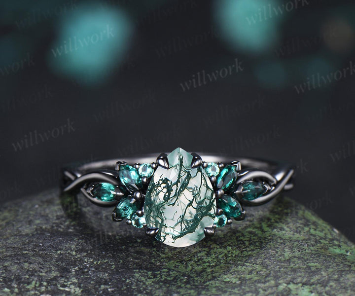 Teardrop pear cut green moss agate engagement ring 14k black gold cluster emerald infinity bridal anniversary ring set gift for women silver