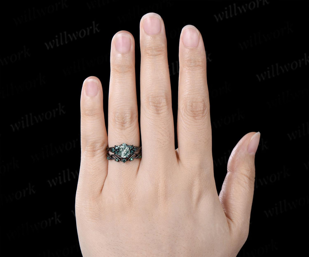 Teardrop pear cut green moss agate engagement ring 14k black gold cluster emerald infinity bridal anniversary ring set gift for women silver