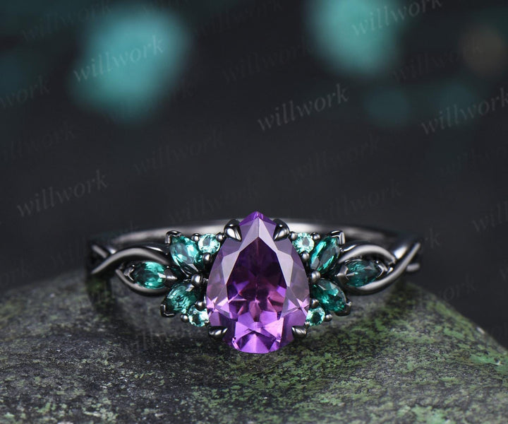 Pear cut purple amethyst engagement ring 14k black gold cluster emerald infinity bridal anniversary ring set gift for women silver
