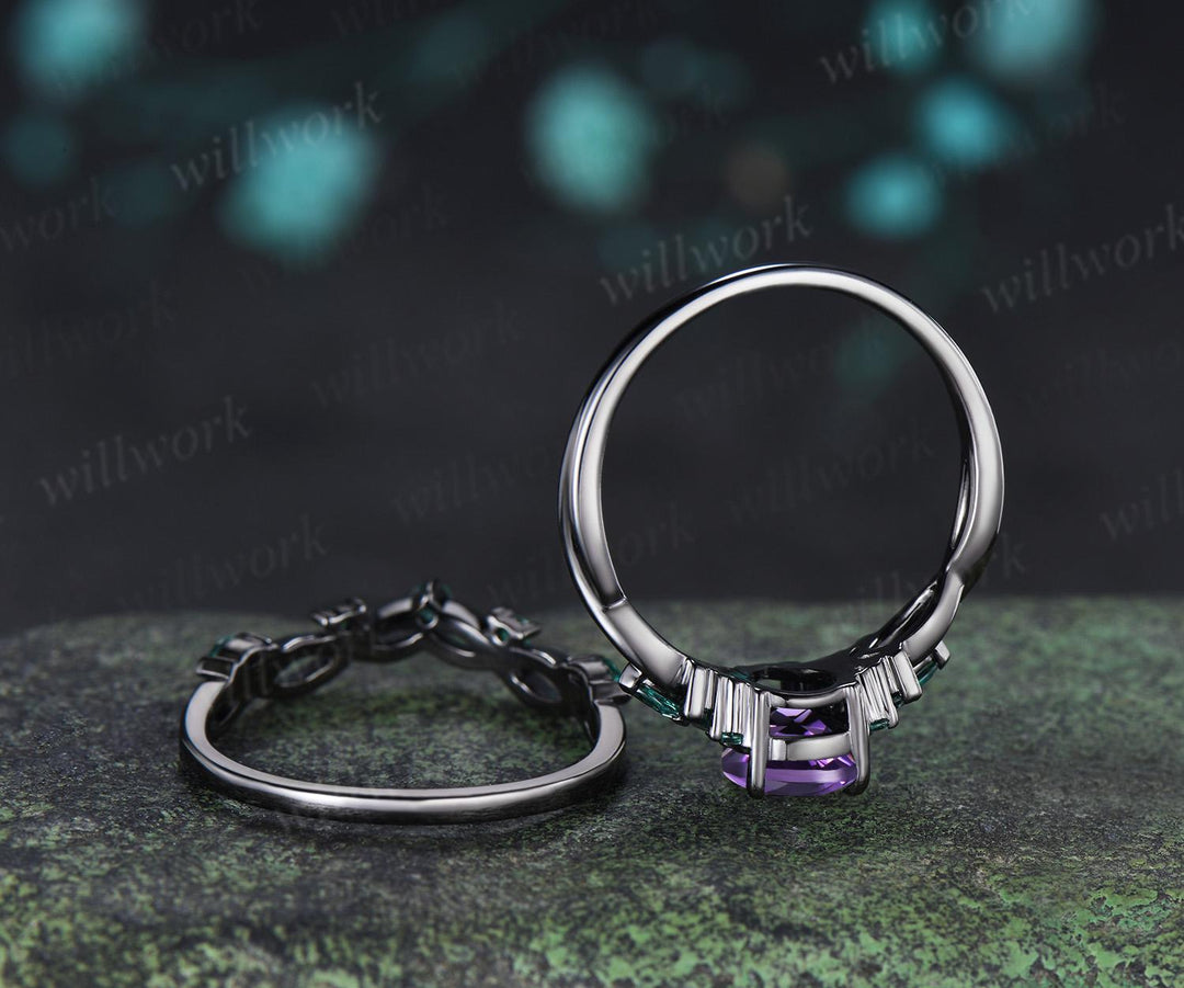 Pear cut purple amethyst engagement ring 14k black gold cluster emerald infinity bridal anniversary ring set gift for women silver