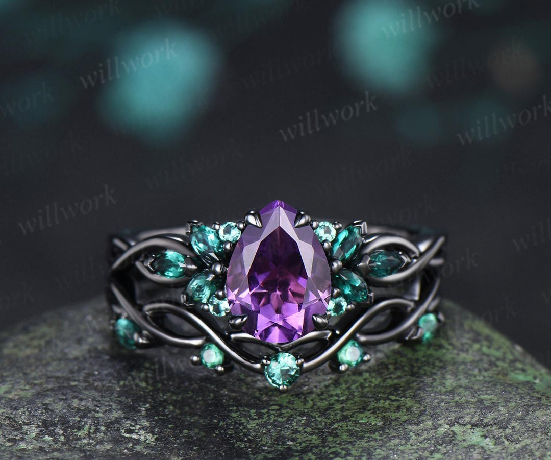 Pear cut purple amethyst engagement ring 14k black gold cluster emerald infinity bridal anniversary ring set gift for women silver