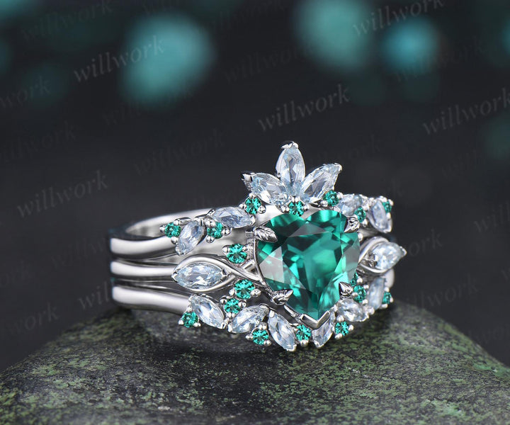 2ct heart shaped green emerald engagement ring 14k white gold leaf claw prong cluster aquamarine wedding bridal ring set jewelry silver