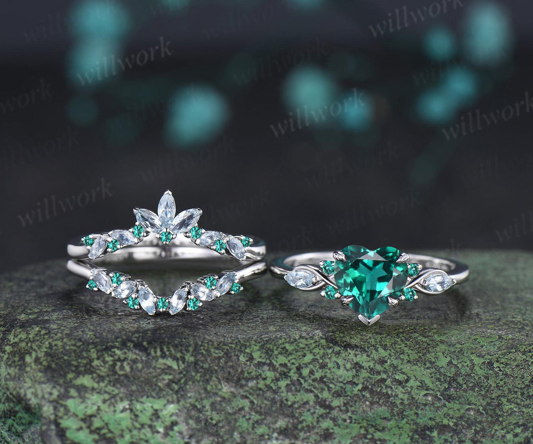 2ct heart shaped green emerald engagement ring 14k white gold leaf claw prong cluster aquamarine wedding bridal ring set jewelry silver