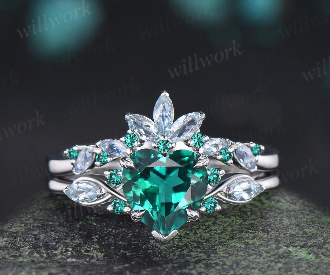 2ct heart shaped green emerald engagement ring 14k white gold leaf claw prong cluster aquamarine wedding bridal ring set jewelry silver