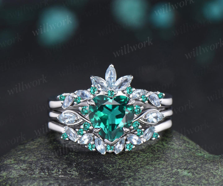 2ct heart shaped green emerald engagement ring 14k white gold leaf claw prong cluster aquamarine wedding bridal ring set jewelry silver