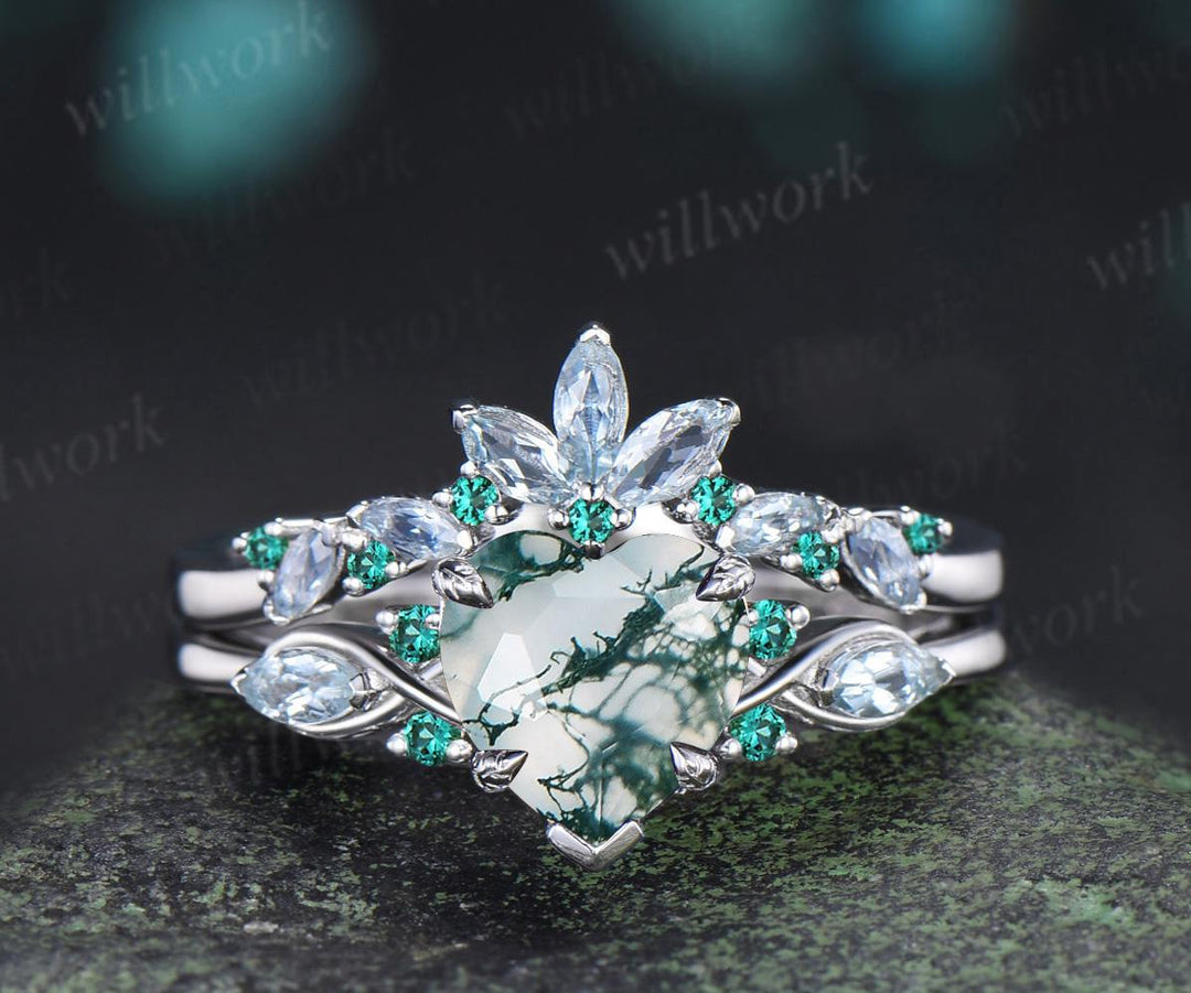 2ct heart green moss agate engagement ring 14k white gold marquise aquamarine emerald wedding anniversary ring gift silver