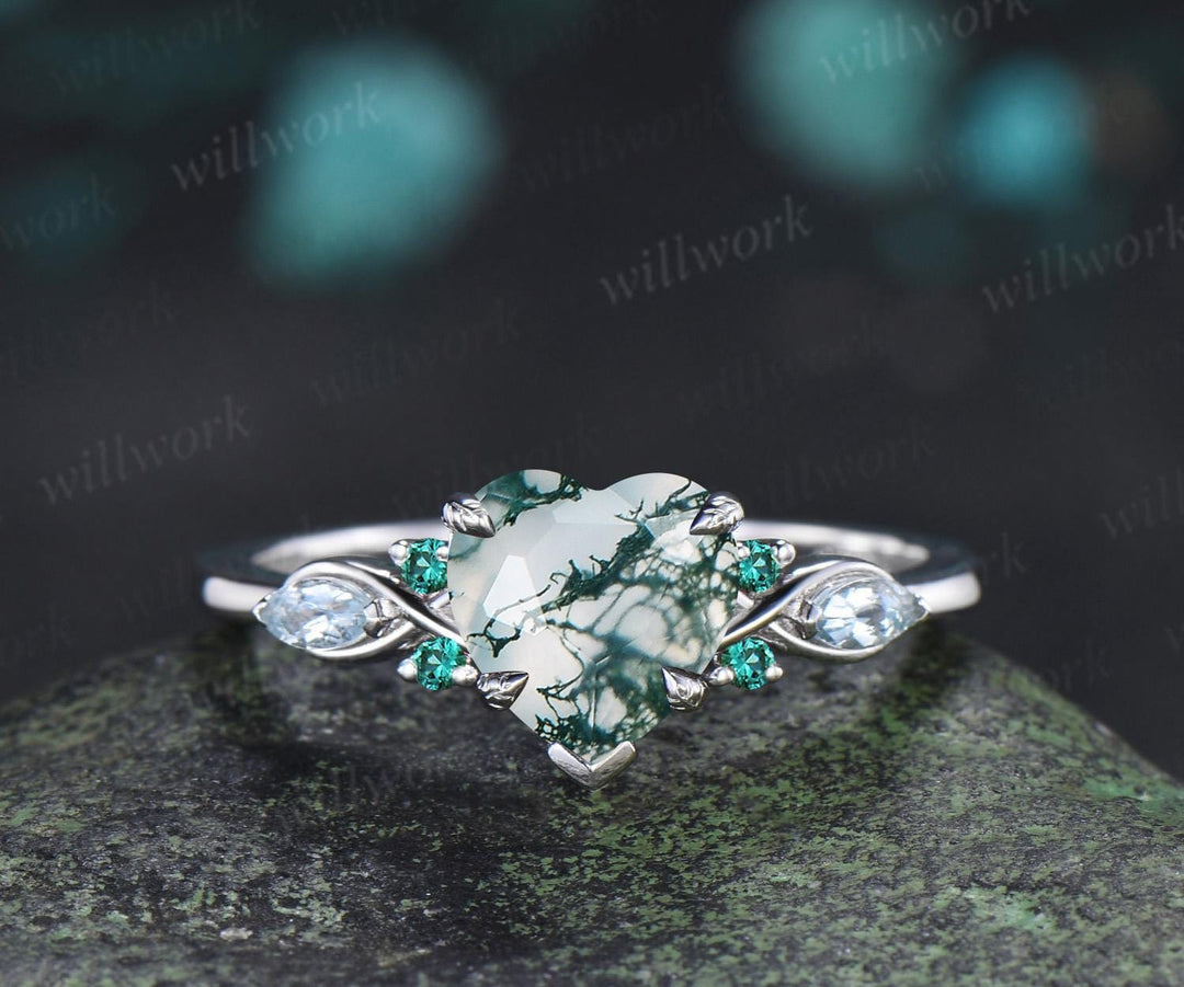 2ct heart green moss agate engagement ring 14k white gold marquise aquamarine emerald wedding anniversary ring gift silver