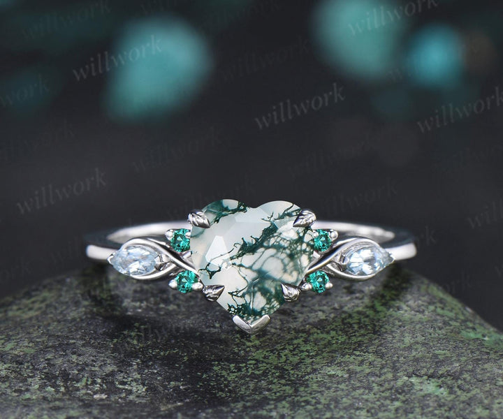 2ct heart green moss agate engagement ring 14k white gold marquise aquamarine emerald wedding anniversary ring gift silver