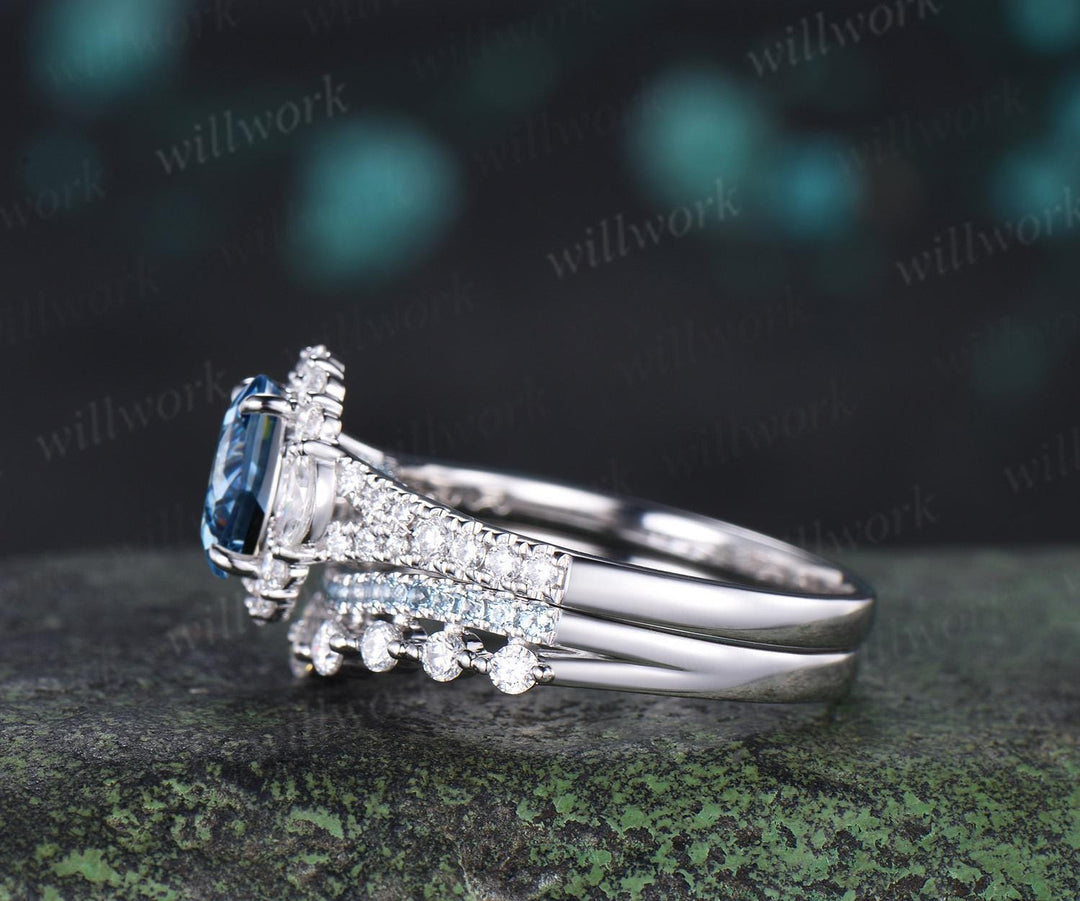 Oval cut blue moissanite engagement ring 14k white gold vintage halo half eternity topaz promise wedding ring set women