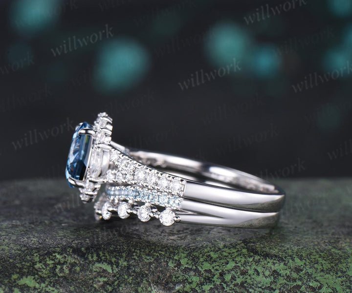 Oval cut blue moissanite engagement ring 14k white gold vintage halo half eternity topaz promise wedding ring set women