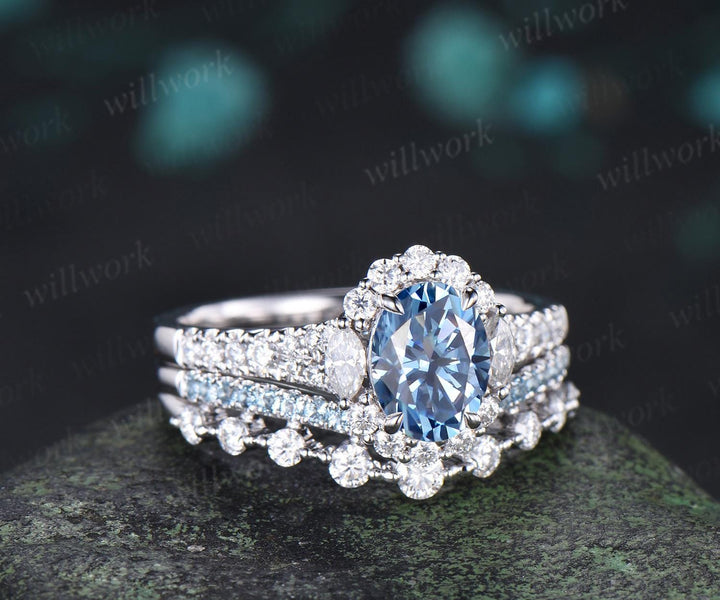 Oval cut blue moissanite engagement ring 14k white gold vintage halo half eternity topaz promise wedding ring set women
