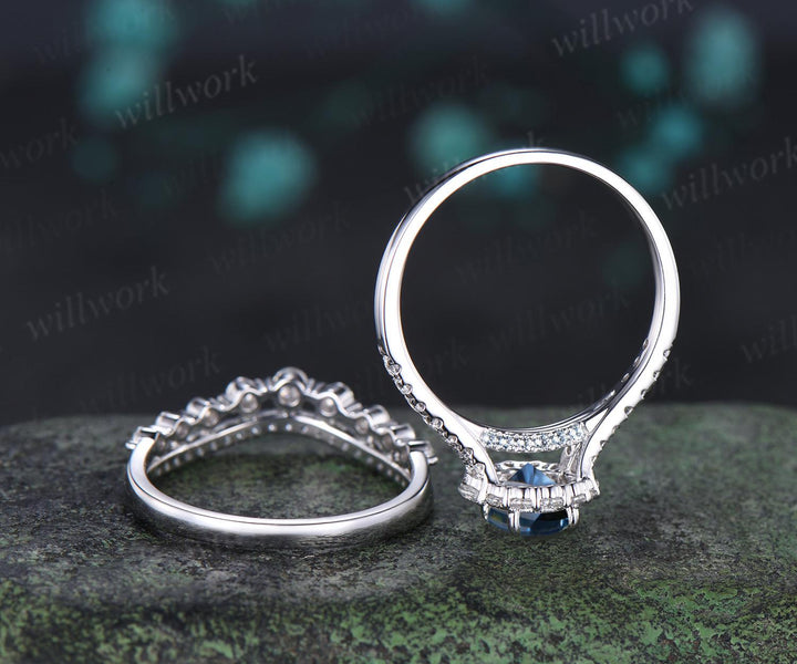 Oval cut blue moissanite engagement ring 14k white gold vintage halo half eternity topaz promise wedding ring set women