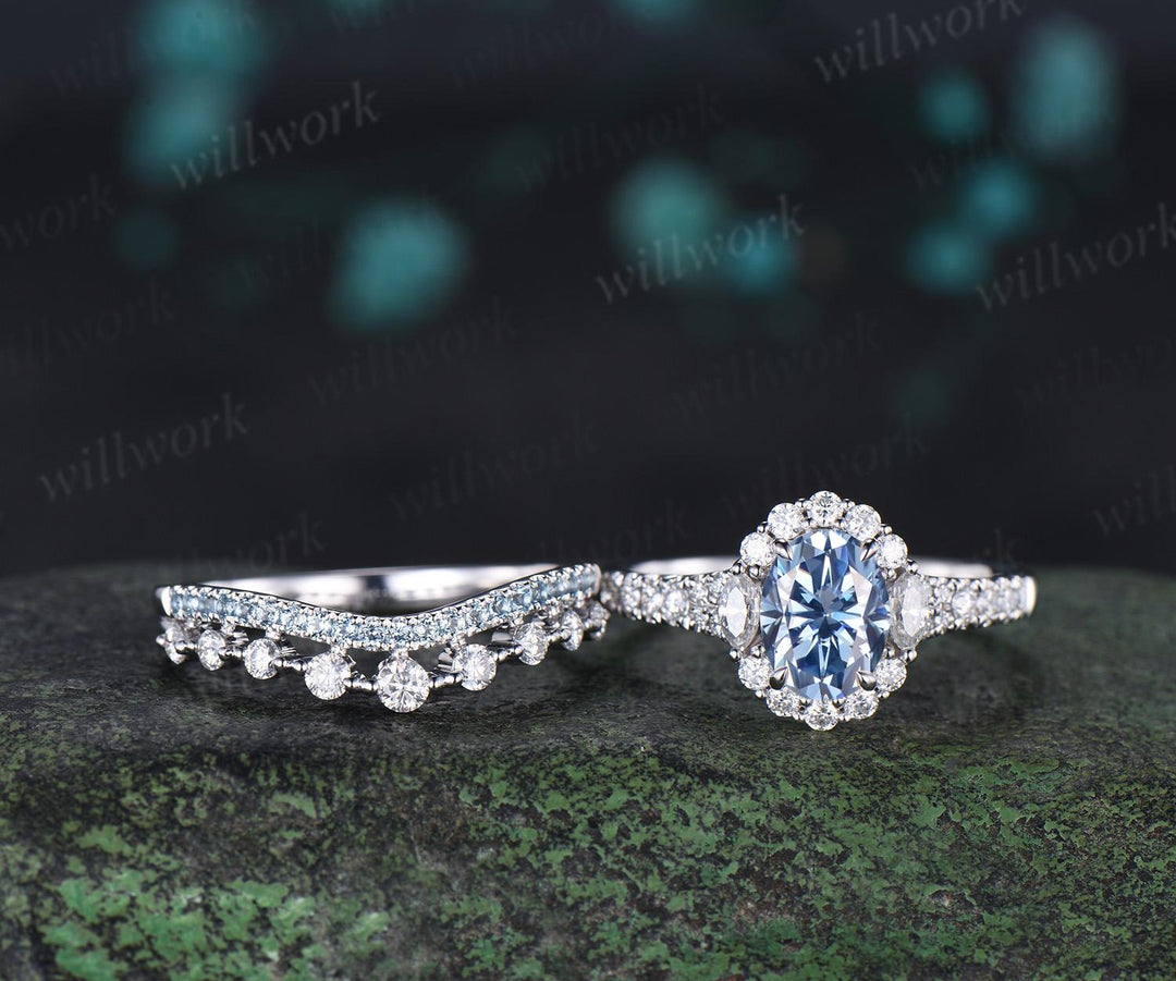 Oval cut blue moissanite engagement ring 14k white gold vintage halo half eternity topaz promise wedding ring set women
