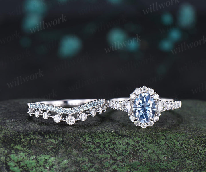 Oval cut blue moissanite engagement ring 14k white gold vintage halo half eternity topaz promise wedding ring set women