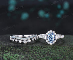 Oval cut blue moissanite engagement ring 14k white gold vintage halo half eternity topaz promise wedding ring set women